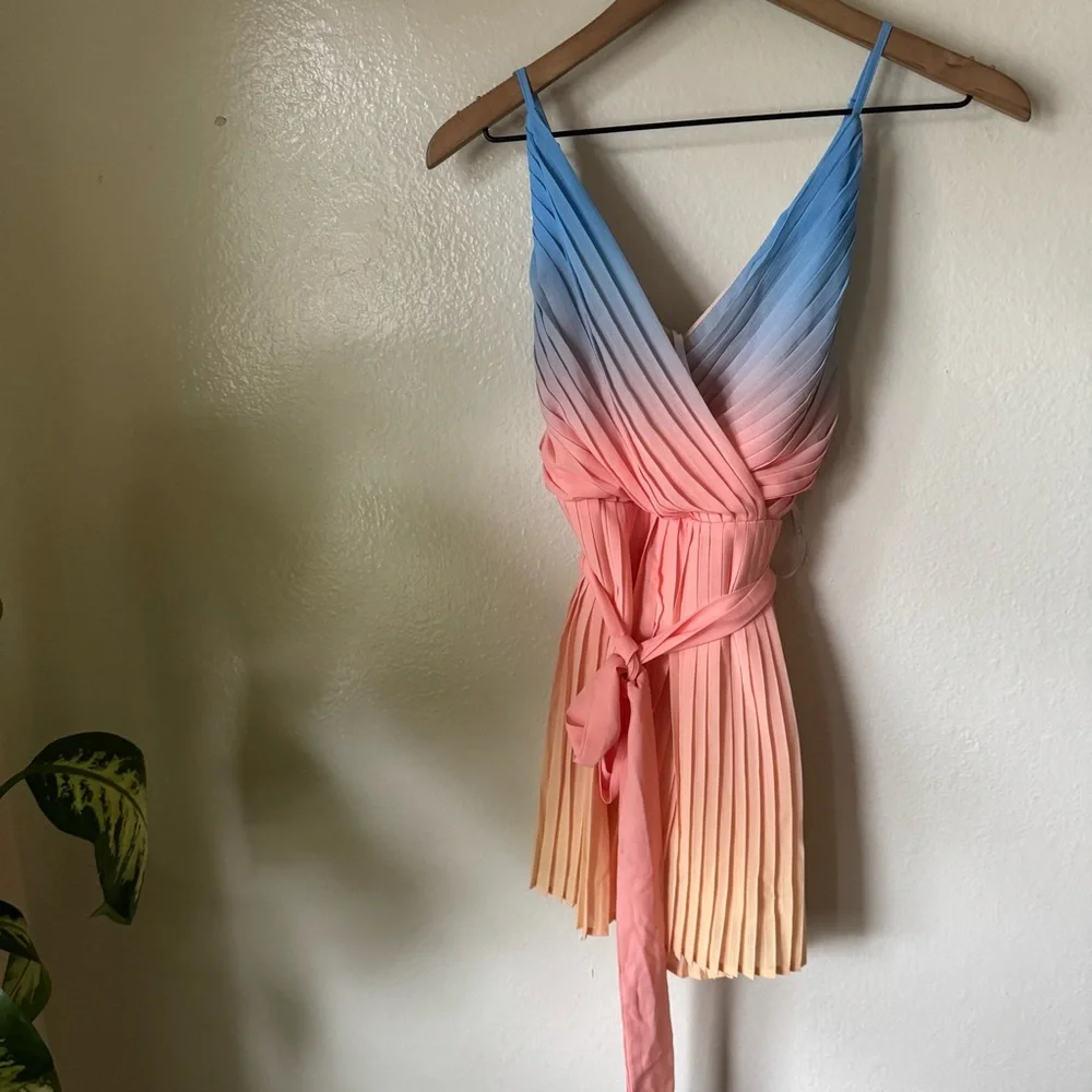 Lulus | Pleat the Way Blue and Pink Ombre Pleated Romper - Picture 2 of 7